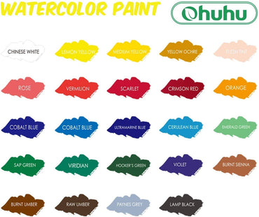 Ohuhu Art Paints 24-Pc 12ml Water Color Paint Set with 6 Nylon Hair Paint Brushes Y30-80700-08