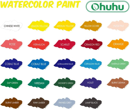 Ohuhu Art Paints 24-Pc 12ml Water Color Paint Set with 6 Nylon Hair Paint Brushes Y30-80700-08