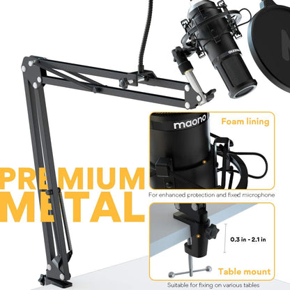Maono AU-PM420 PM420 Plug and Play Professional USB Cardioid Condenser Microphone Kit with Boom Arm Stand for Podcasting, Recording, Broadcasting, Meetings and Gaming