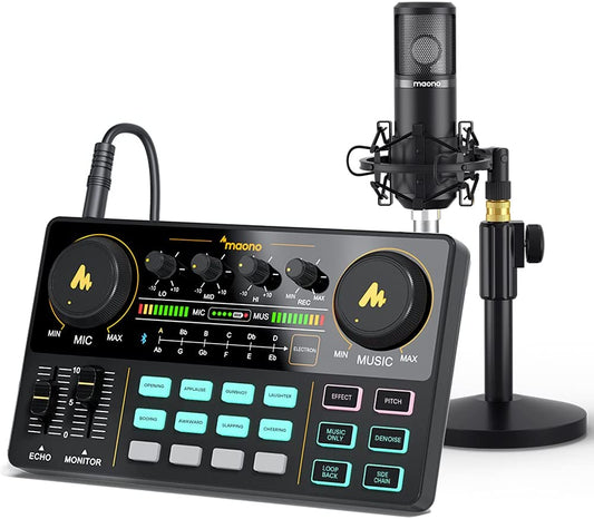 MAONO AM200-S4 Sound Card Set with 25mm Large Diaphragm Microphone, Professional Live Broadcast Sound Card Mixer for Mobile Phone Computer PC Youtube, Tik-Tok, Live Streaming, Recording