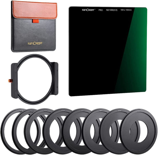 K&F Concept SN25T1 100mm Square Filter Kit ND1000 with 8 Lens Adapter Rings and Metal Holder for DSLR and Mirrorless Cameras | SKU-1813
