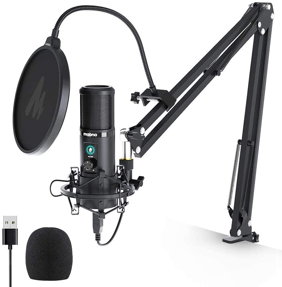 Maono AU-PM421 PM421 Plug and Play Professional Cardioid Condenser USB Microphone Set with One-Touch Mute and Mic Gain Knob with Boom Arm Stand for Online Teaching, Meetings, Livestreaming, Youtube, Gaming, Podcasting