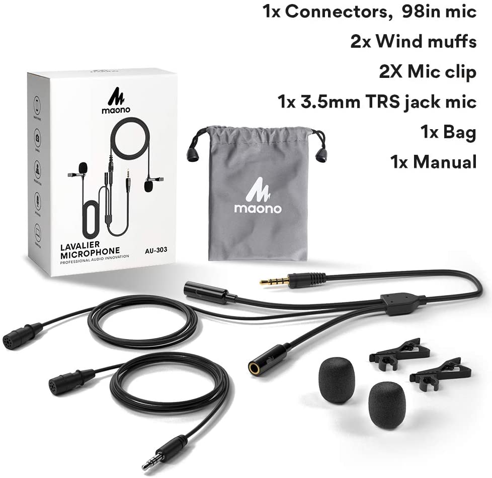 MAONO AU-303 Omnidirectional Condenser Microphone Dual Head Lavalier Lapel Clip-On Microphone with Headphone Output Jack for Interviews, Meetings, Broadcasting, Podcasting