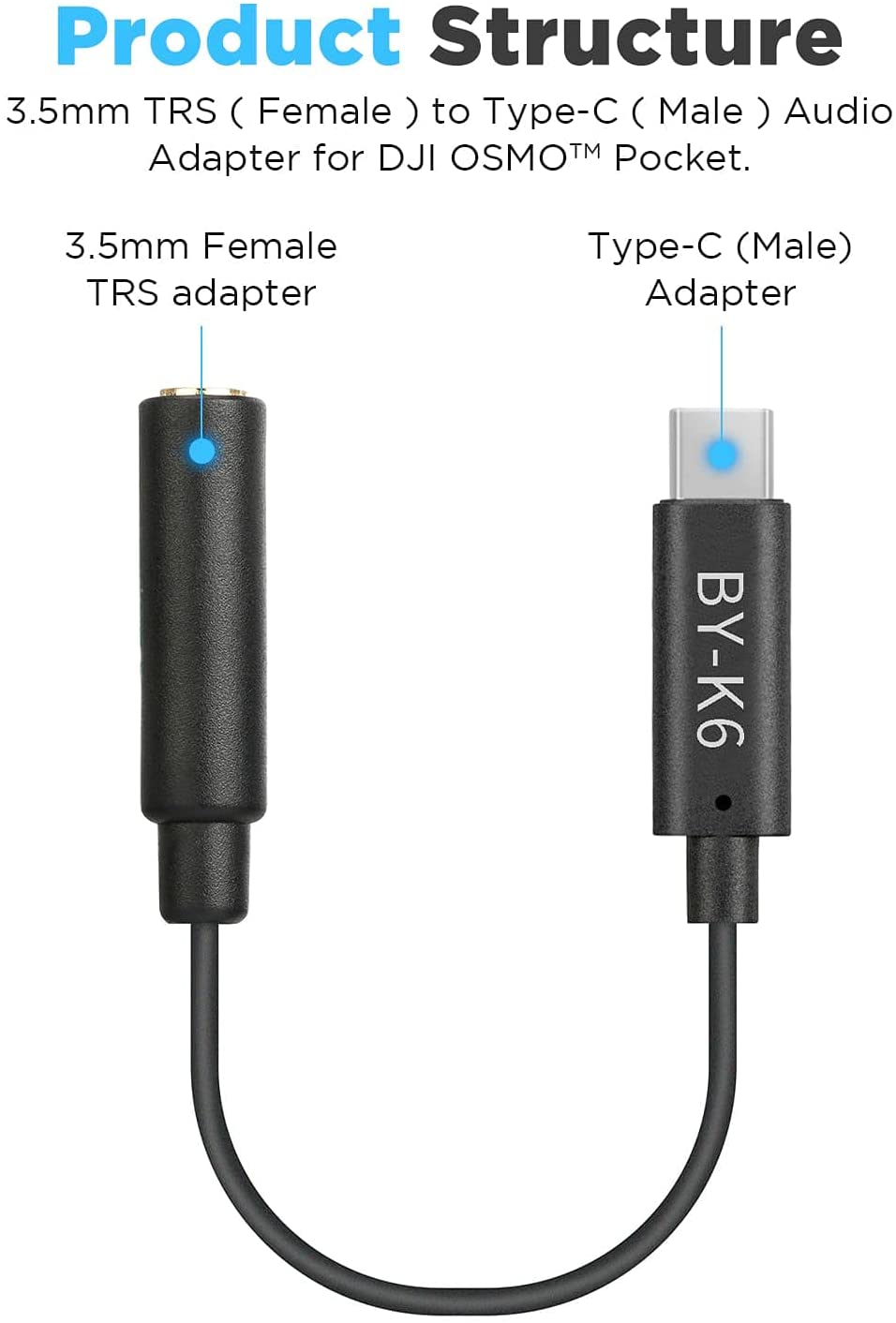 Boya BY-K6 3.5mm TRS (Female) to USB Type-C (Male) Audio Adapter for DJI OSMO" Pocket