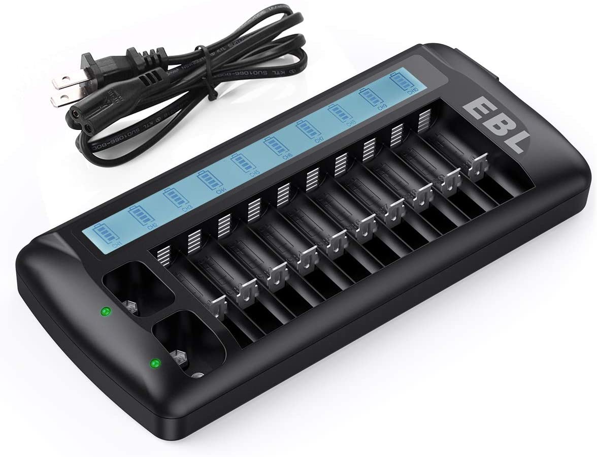 EBL LN-6426UR 999 12-Bay Multifunction Smart Battery Charger with Built-In LCD Indicator Screen, and Intelligent Over-Current Protection, for AA, AAA, 9V 6F22 Rechargeable Batteries
