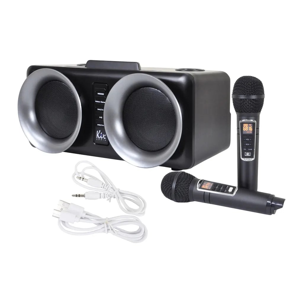 KEVLER Kix Audio JAM-300 Rechargeable Portable Entertainment System with Dual 4" 150W Driver Speakers, 3000 mAh Battery, Bluetooth / AUX / microSD / USB Input, and 2 Wireless UHF Handheld Microphones for Family KTV