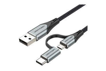 [CLEARANCE] Vention USB 2.0 A Male to 2-in-1 Micro-B & USB-C Male (CQE) 480Mbps Nylon Braided USB Cable for Smartphones and Chargers 0.5M Gray