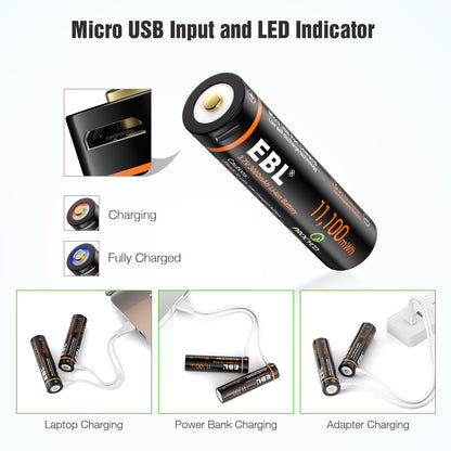 EBL TB-1446 3.7V 18650 3000mAh High-Performance Rechargeable Li-Ion Lithium Ion Battery with Built-In Micro USB Charging Port for Portable and EUPDATEncy Electronics