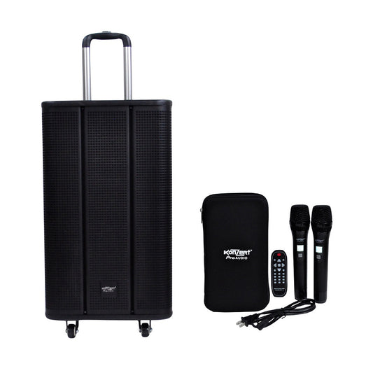 Konzert PM-12PRO 12" 600W Portable Active Trolley TWS Speaker with Bluetooth, USB/SD Play Back, FM Radio, Line IN/OUT, 2 Mic and Guitar Input, Built-in Rechargeable Battery