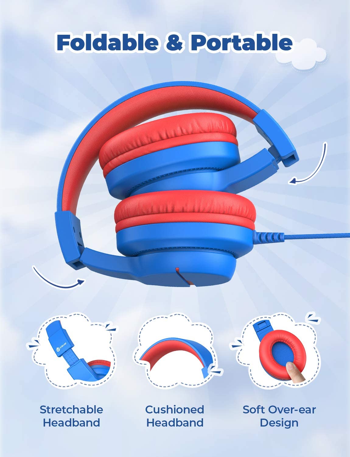 iClever HS19 Kids Headphones Blue with HD Microphone Stereo Sound Foldable Stretchable Headband 85dB / 94dB Volume Limiter