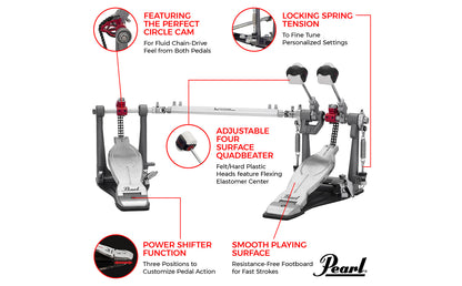 Pearl P1032R Eliminator Solo Red Double Bass Drum Pedal with Control Core QuadBeaters Universal Joint Roller Hoop Clamp