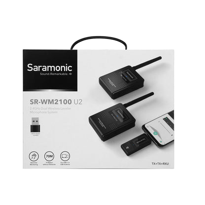 [CLEARANCE] Saramonic SR-WM2100 U2 2.4GHz Dual Wireless Lavalier Microphone System (TX TX RXU) with 70-meters Operating Range Detachable Antenna USB-C to USB-A Adapter