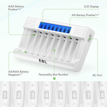 [CLEARANCE] EBL TB-6076 8-Bay Smart Battery Charger with LCD Status Display, Independent Charging Slots, and Intelligent Overcurrent Protection for AA, AAA Ni-NH Rechargeable Batteries
