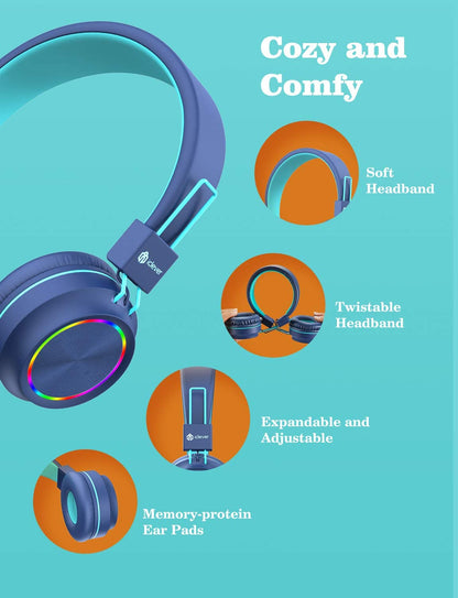 iClever BTH03 Kids Wireless Headphones Blue with Colorful LED Lights Bluetooth 5.0 Twistable Adjustable Foldable Headband 25hours Playtime