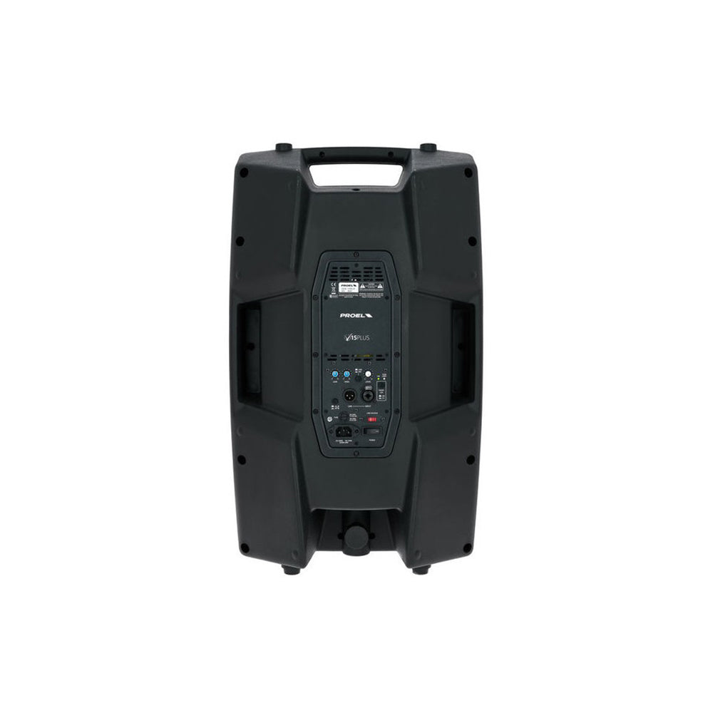 PROEL V15 PLUS 600W 2-Way Bi-Amped Class AB / D Active Loudspeaker with SMPS Switch Mode Power Supply Technology, Dual Clip Limiters, MIC/LINE Input, Top Handles and Bottom Pole Mounts | V Plus Series