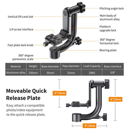 K&F Concept Heavy Duty Aluminum Gimbal Tripod Head with 20kg Load Capacity, 360 Rotation, 1/4" Quick Release Plate for Photography Filming Equipment