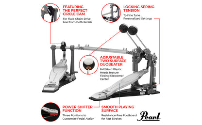 Pearl P1032 Eliminator Solo Black Double Bass Drum Pedal with Interchangeable Black Cams Control Core DuoBeaters 3-position Footboards