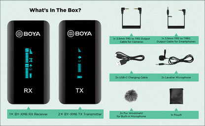 Boya by-XM6 S2 2.4GHz Dual Wireless Lavalier Microphone System Kit with up to 7hours Runtime and 100m Operating Range for Live, YouTube, Vlogging and Interview