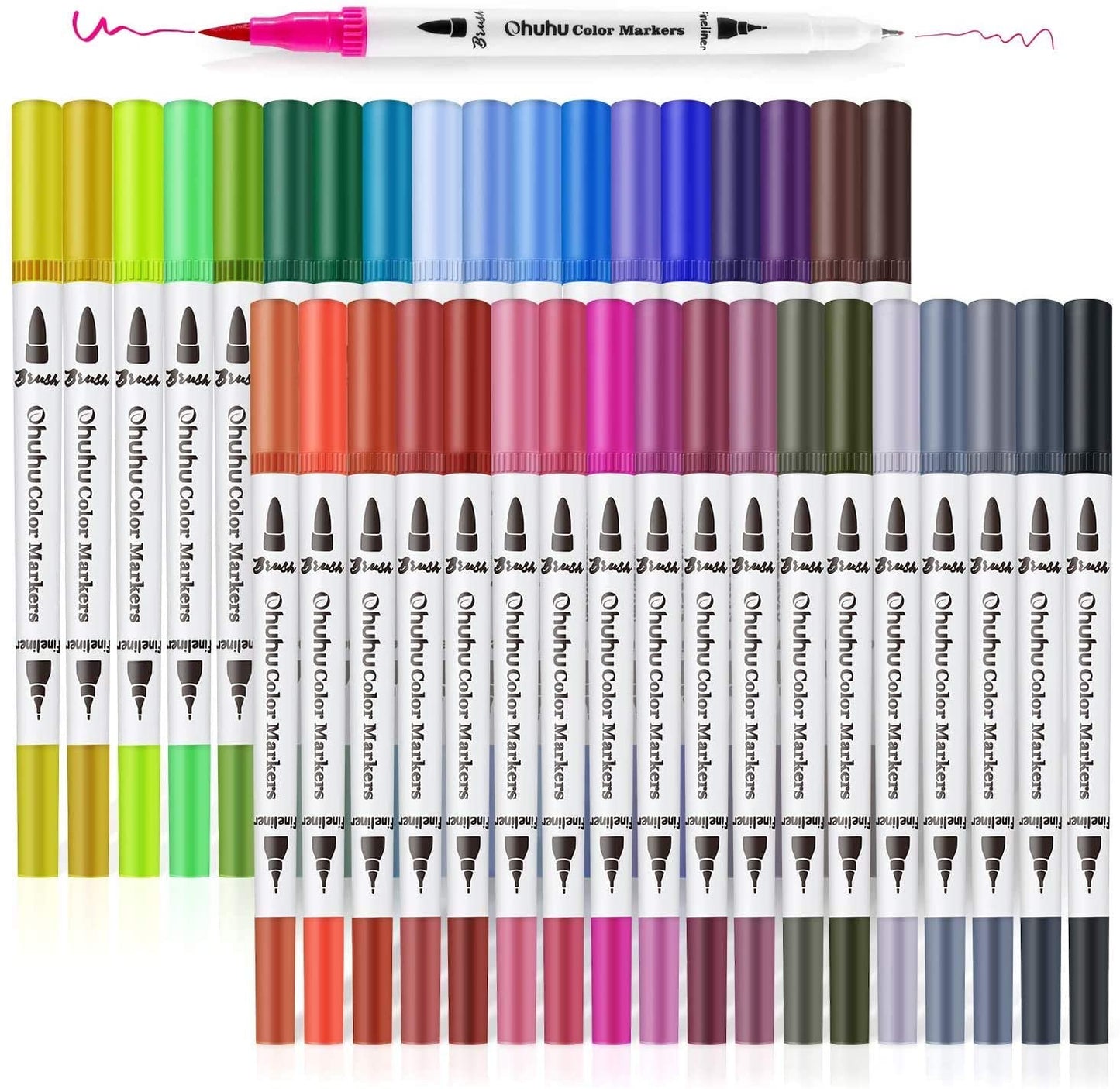 Ohuhu Maui Series 36 Colors Water Based Dual Tipped Brush Markers for Calligraphy and Drawing for Kids and Adults (Brush and Fineliner) Y30-80400-18