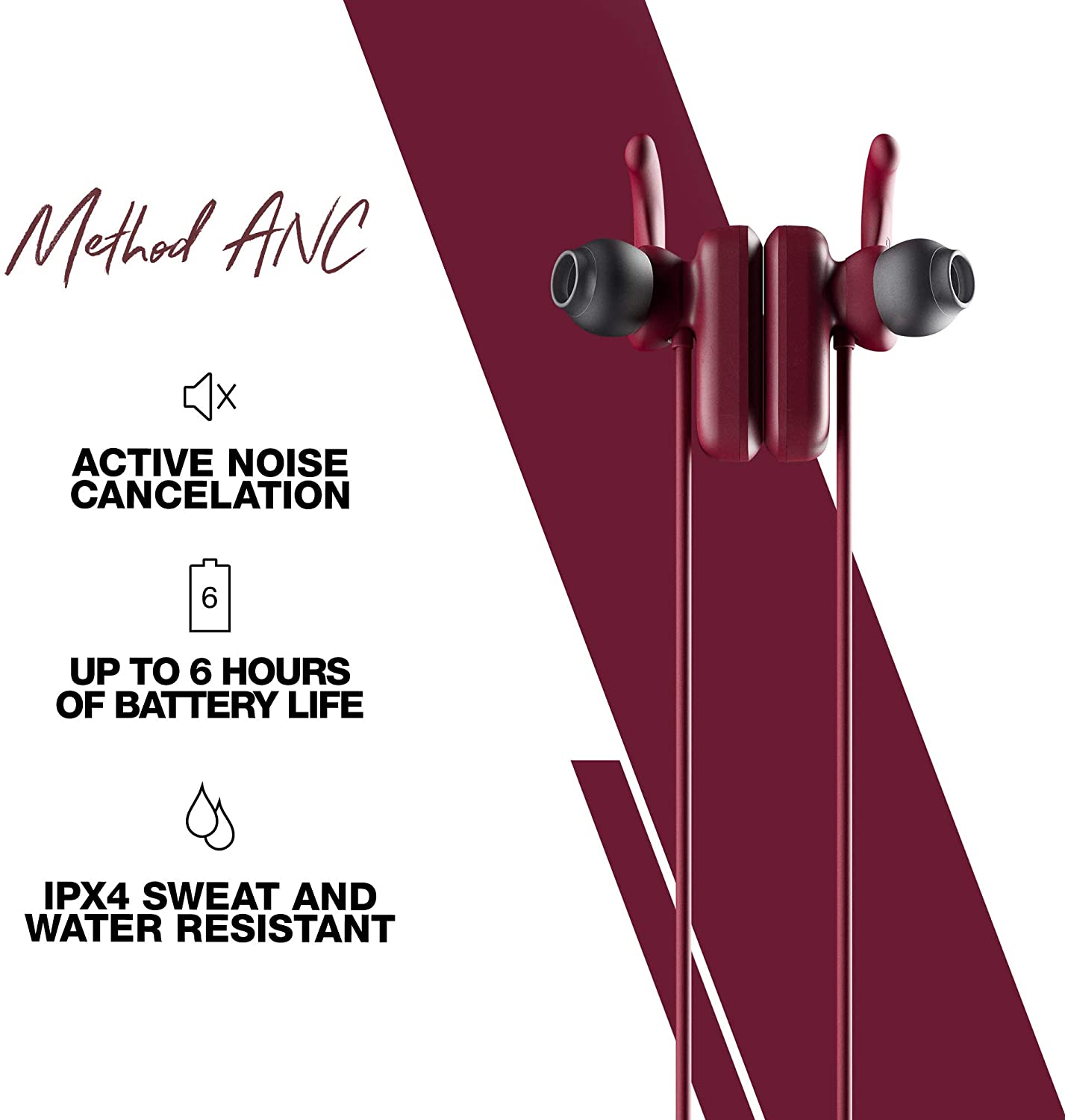 Skullcandy Method ANC IPX4 Sweat and Water Resistant Wireless In-Ear Earbuds with Magnetic Buds and Microphone (BLACK, RED)