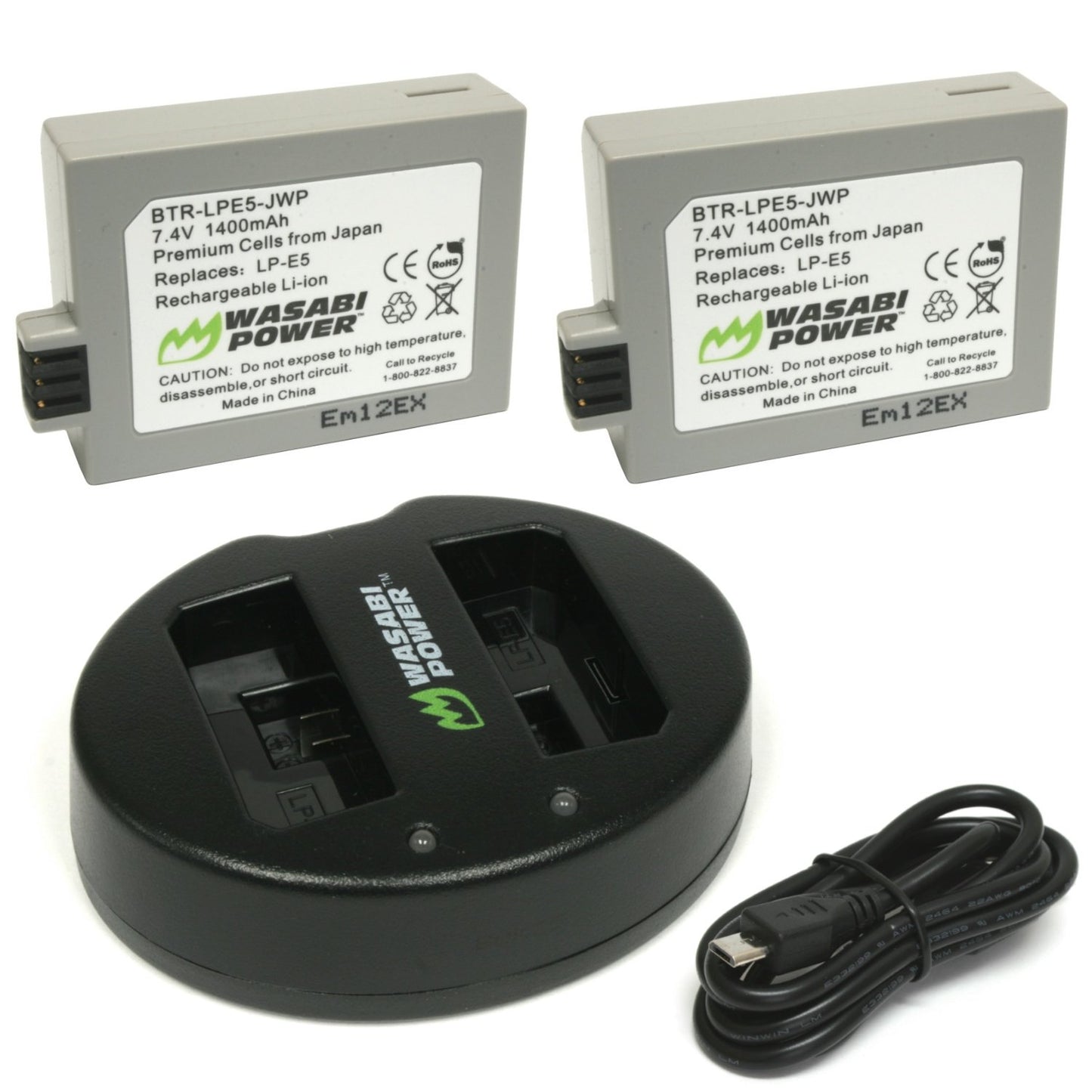 Wasabi Power Battery LP-E5 (2-Pack) E5 and Dual USB Charger for Canon LP-E5 and Canon EOS 450D, 500D, 1000D, Kiss F, Kiss X2, Kiss X3, Rebel XS, Rebel XSi, Rebel T1i LPE5