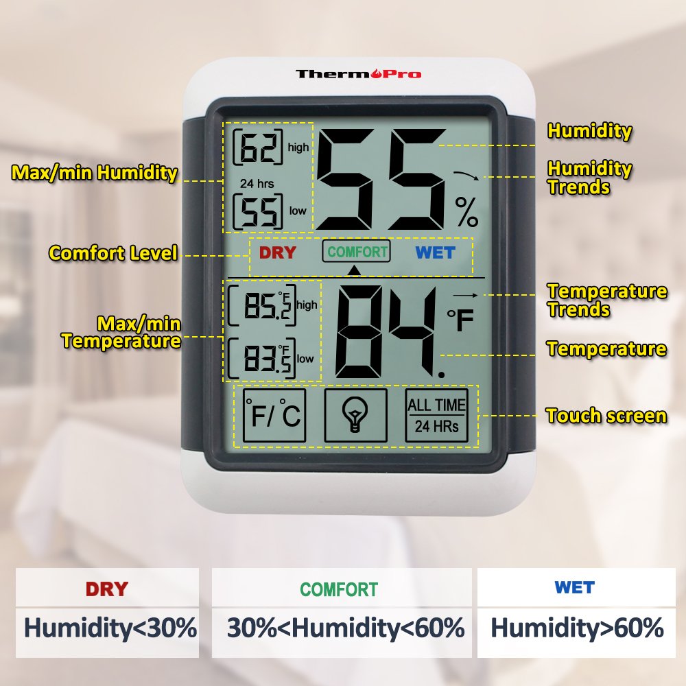 Thermopro TP55 Digital Hygrometer Thermometer Indoor Thermometer with Touchscreen and Backlight Humidity Temperature Sensor