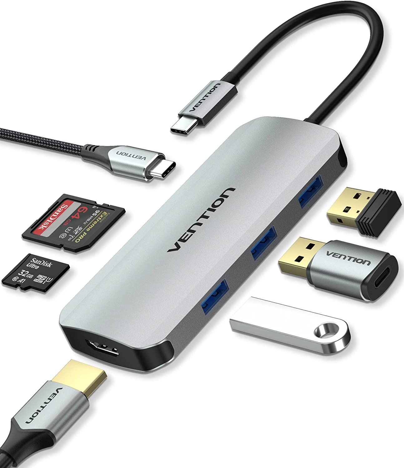 Vention 7 in 1 USB Type C Hub with 4K HDMI Output, 5Gbps USB 3.0 Ports, SD / microSD Card Reader, & Fast Charging USB-C Power Delivery Adapter Dock | TOJHB