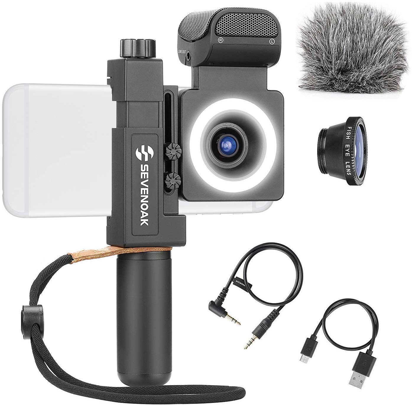 Sevenoak SmartCine Universal Smartphone Video Kit with Phone Rig, Built-in Stereo Microphone and LED Light, Wide-Angle and Fisheye Lens