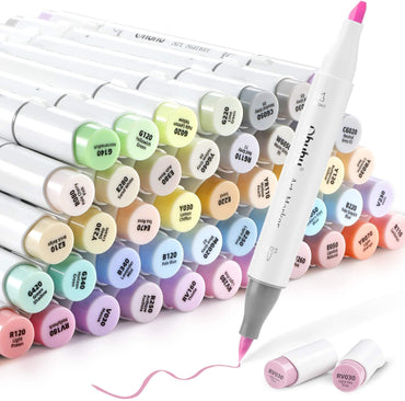 Ohuhu Honolulu Series Alcohol Based 48 Pastel Colors plus Colorless Blender Dual Tipped Brush Markers for Coloring and Illustration for Kids and Adults (Brush and Chisel) Y30-80403-67