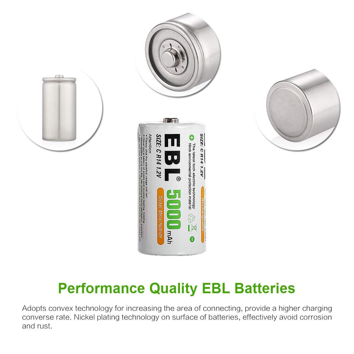 EBL LN-8151 1.2V C Cell 5000mAh Rechargeable NiMH Nickel Metal Hydride Battery (Pack of 2) with Included Storage Case for Portable and Emergency Electronics