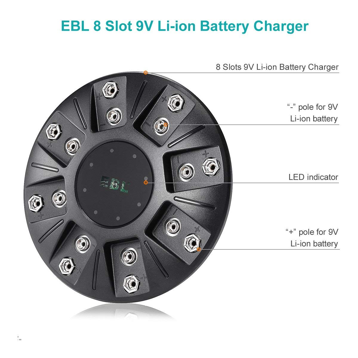 EBL 9V Lithium-ion Battery Charger for Li-ion 9V Rechargeable Batteries, 8 Bay Smart Charger