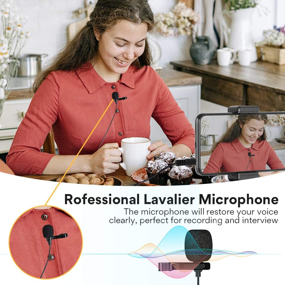 MAONO AU-303 Omnidirectional Condenser Microphone Dual Head Lavalier Lapel Clip-On Microphone with Headphone Output Jack for Interviews, Meetings, Broadcasting, Podcasting