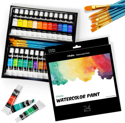 Ohuhu Art Paints 24-Pc 12ml Water Color Paint Set with 6 Nylon Hair Paint Brushes Y30-80700-08