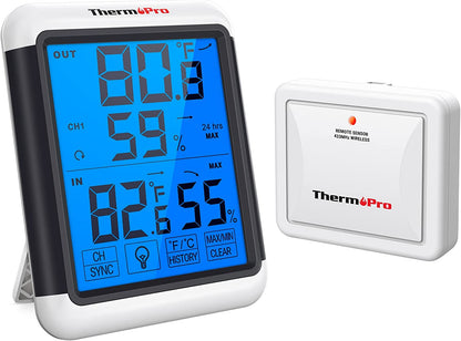 ThermoPro TP-65C Indoor Outdoor Digital Wireless Thermometer Hygrometer for Temperature and Humidity Monitor with Jumbo Touchscreen and Backlight Humidity Gauge