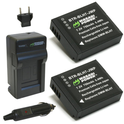 Wasabi Power (2-Pack) Panasonic DMW-BLH7 DMWBLH7 Battery and Charger with Built-In Fold Out US Plug, Car Charger and Euro Plug Adapter for Panasonic Lumix DC-GX850 DMC-GM1 DMC-GF7 and DMC-LX10 Digital Camera