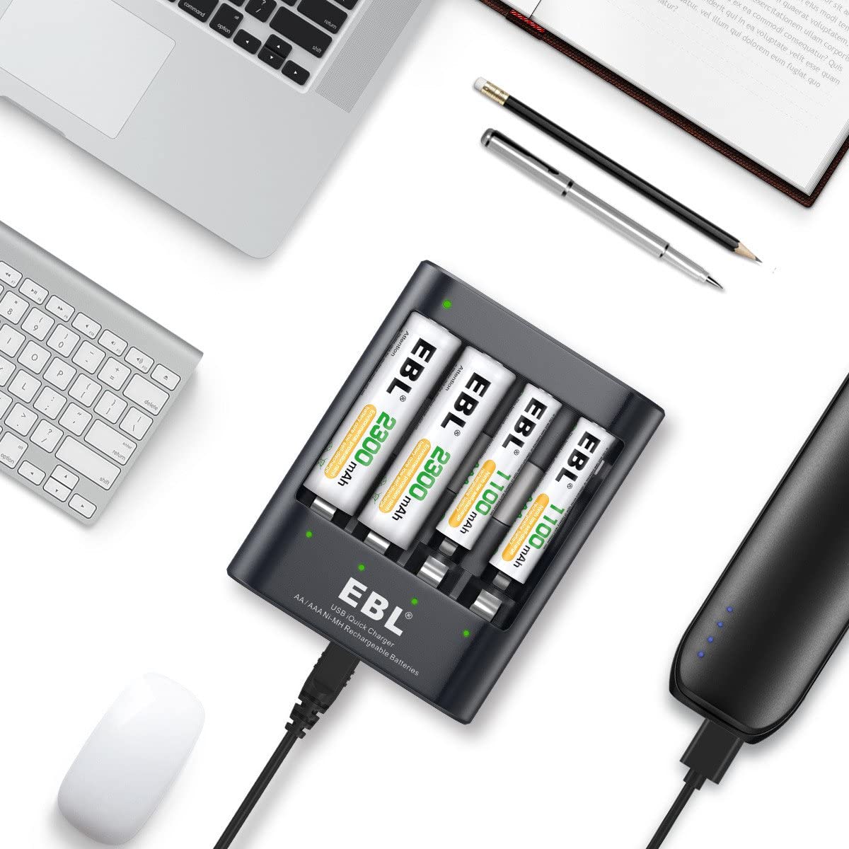 EBL LN-6454 iQuick Fast Charging Battery Charger with Built in Overcharging Protection, LED Status Indicator Lights, and Micro USB Input Port for AA and AAA Rechargeable Batteries