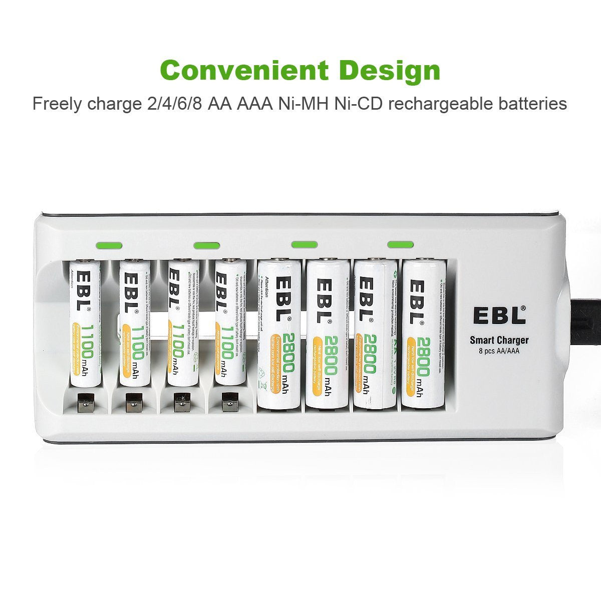EBL 4-Pack 2800mAh AA Batteries + 1100mAh AAA Batteries + 8 Bay Battery  Charger for AA AAA Ni-CD Ni-MH Rechargeable Batteries