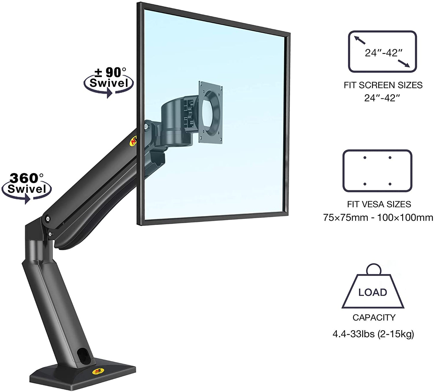 NB North Bayou NB45 24"- 42" with 15Kg Max Payload Heavy Duty VESA Monitor Desk Mount Stand and Gas Strut Full Motion Swivel Arm for Large Screen LCD LED TV Television
