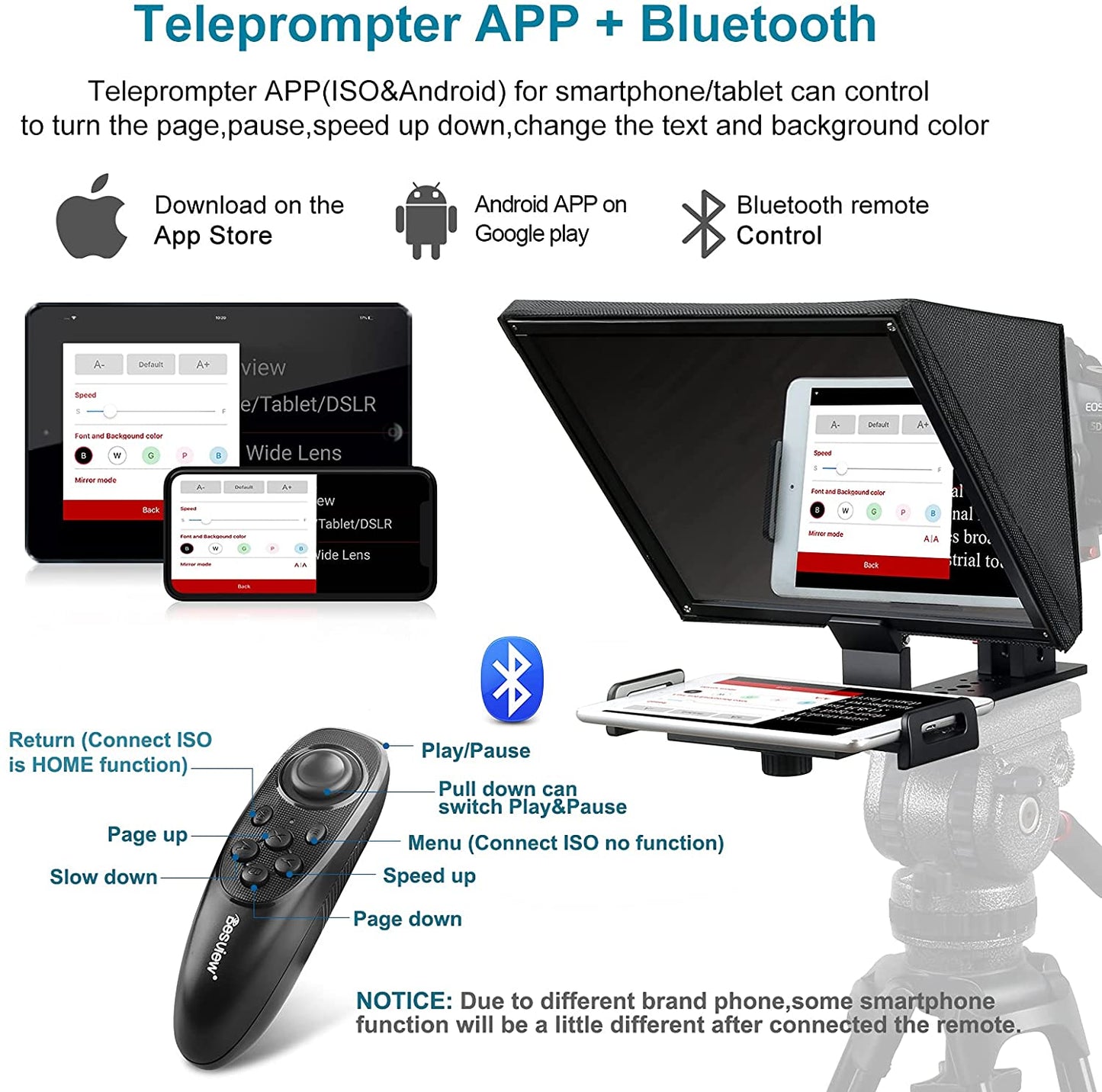 Desview / Bestview T12 12" Universal Teleprompter with Horizontal / Vertical Shooting, Bluetooth Remote Control, and Mobile App Support for Smartphone, Tablet, DSLR Camera Portable for Youtube Interview Studio