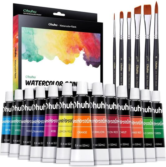 Ohuhu Art Paints 24-Pc 12ml Water Color Paint Set with 6 Nylon Hair Paint Brushes Y30-80700-08