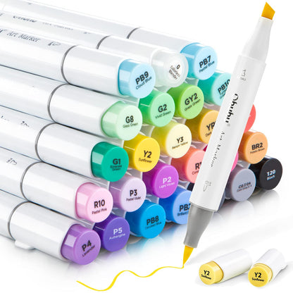 Ohuhu Honolulu Series Alcohol Based 24 Basic Colors plus Colorless Blender Dual Tipped Art Markers for Coloring and Sketching for Kids and Adults (Brush and Chisel) Y30-80400-80
