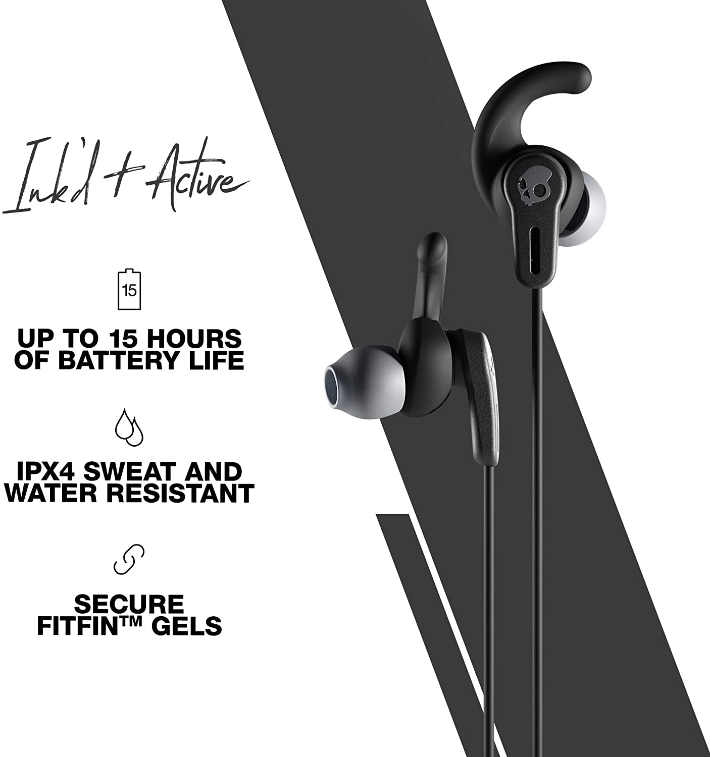 Skullcandy Ink'd+ Active IPX4 Sweat and Water Resistant Wireless Rapid Charge In-Ear Earbuds (BLACK) | Model S2MHW-M448