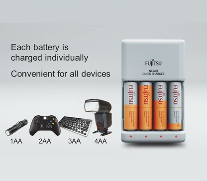[CLEARANCE] Fujitsu FCT344CEFX Ni-MH Battery Quick Charger for AA and AAA Kit with Fujitsu AA 1.2V 1900mAh Rechargeable Batteries
