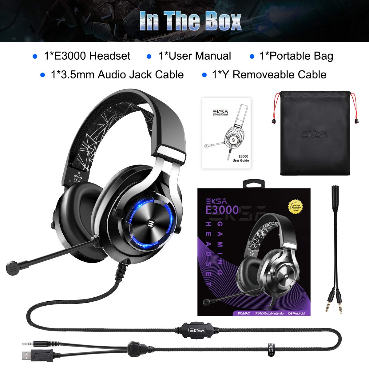 EKSA E3000 Stereo Gaming Headset Over Ear Wired Gamer Headphone 3.5mm Double Jack Headphones With Microphone For PC PS4