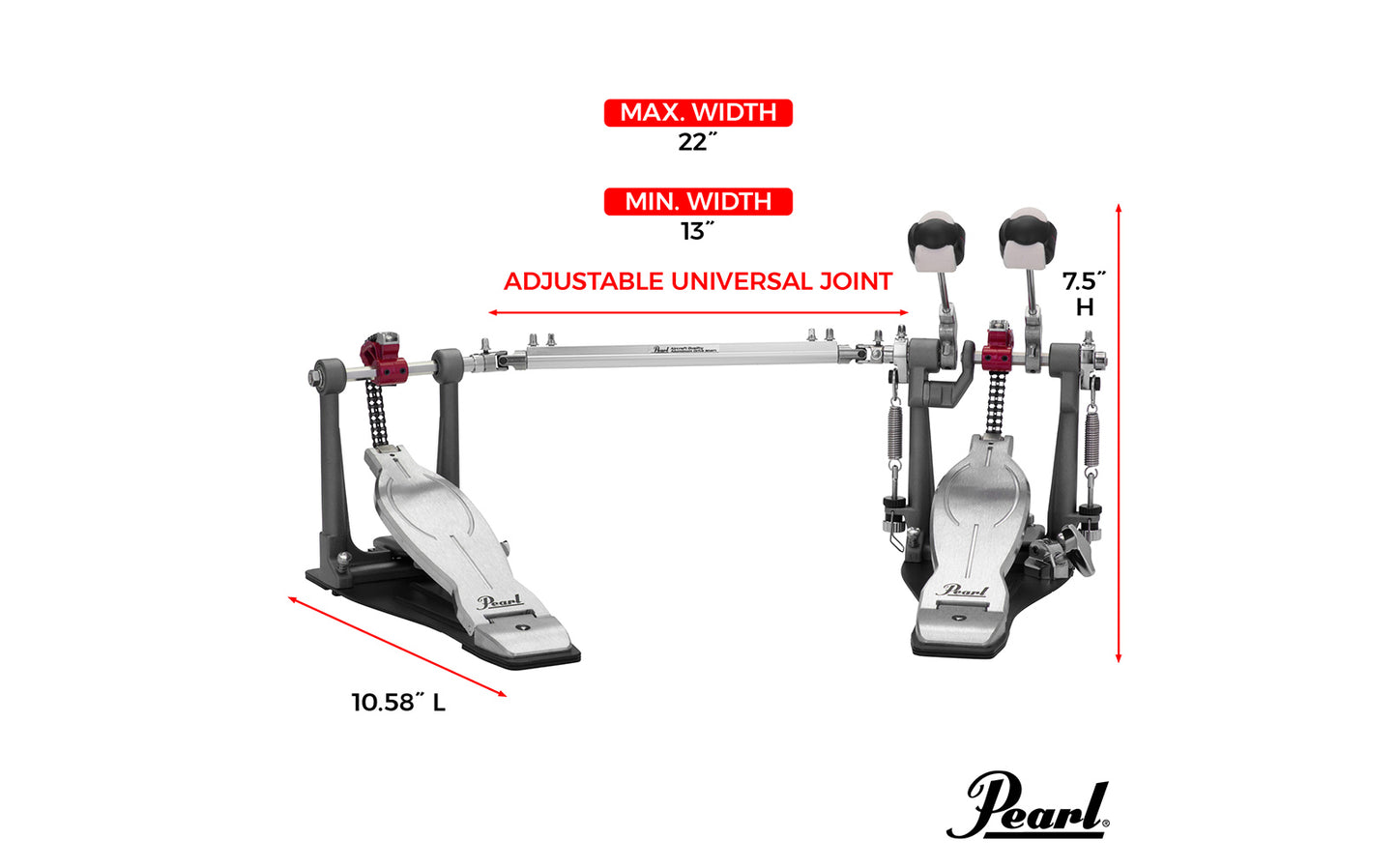 Pearl P1032R Eliminator Solo Red Double Bass Drum Pedal with Control Core QuadBeaters Universal Joint Roller Hoop Clamp