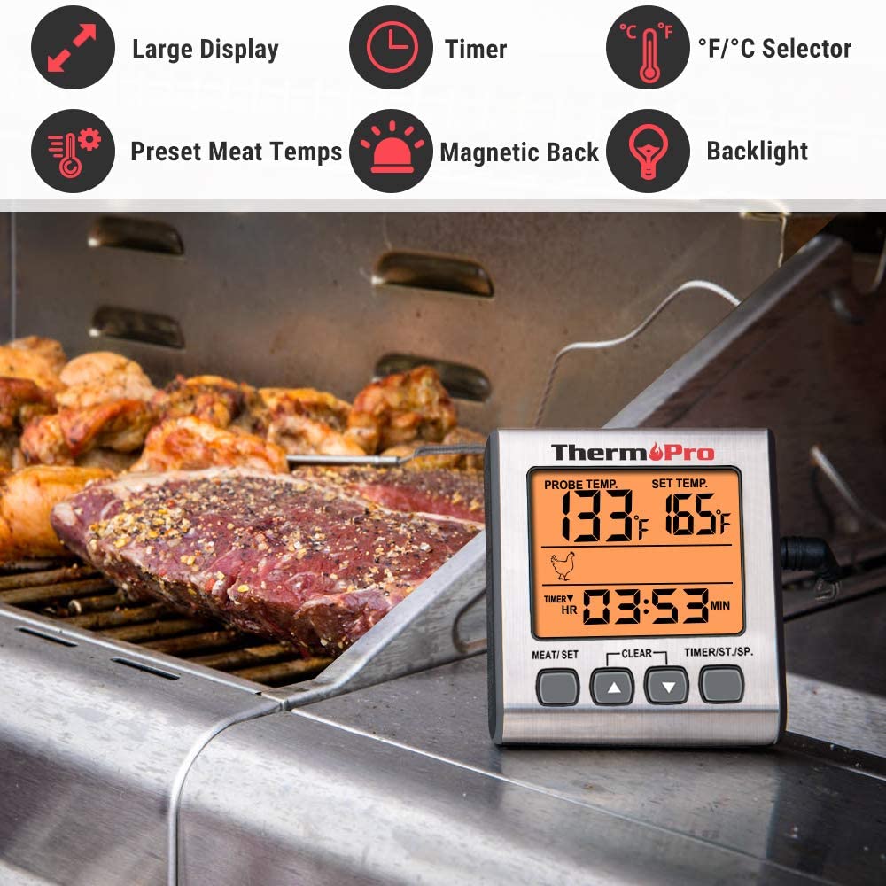 ThermoPro TP-16 Large LCD Digital Cooking Food Meat Smoker Oven Kitchen BBQ  Grill Thermometer Clock Timer with Stainless Steel Probe
