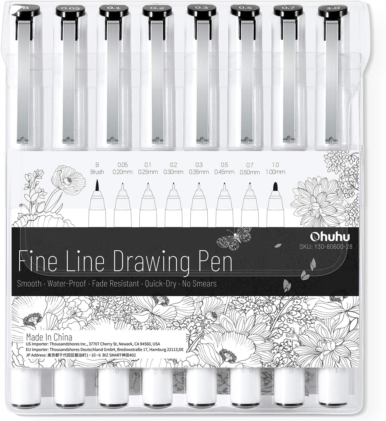 Ohuhu Fineliners Set of 8 Ultra Fine Line Drawing Markers, 8 Assorted Tip Sizes Black Ink