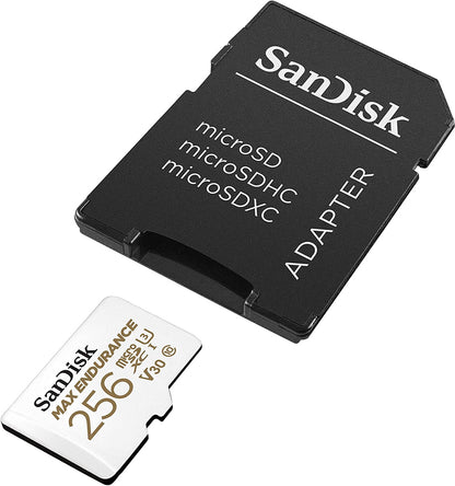 SanDisk MAX ENDURANCE microSD Card U3, V30, 4K UHD SDXC Class 10, 100mb/s and 40mb/s Read and Write Speed with Adapter (64GB, 128GB, 256GB)