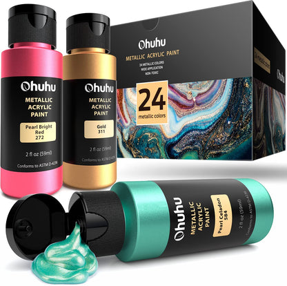 Ohuhu Art Paints 24-Pc Metallic 59ml Acrylic Paint Set for Wood and Ceramic Art Crafts OHUHU Y30-80700-34