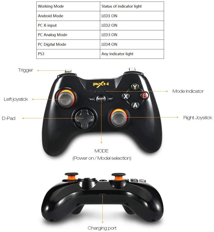 PXN 9603 2.4GHz Wireless Game Controller 20h Playtime with Dual Vibration Double 360 Joystick 2-player Support for PC PS3 Android